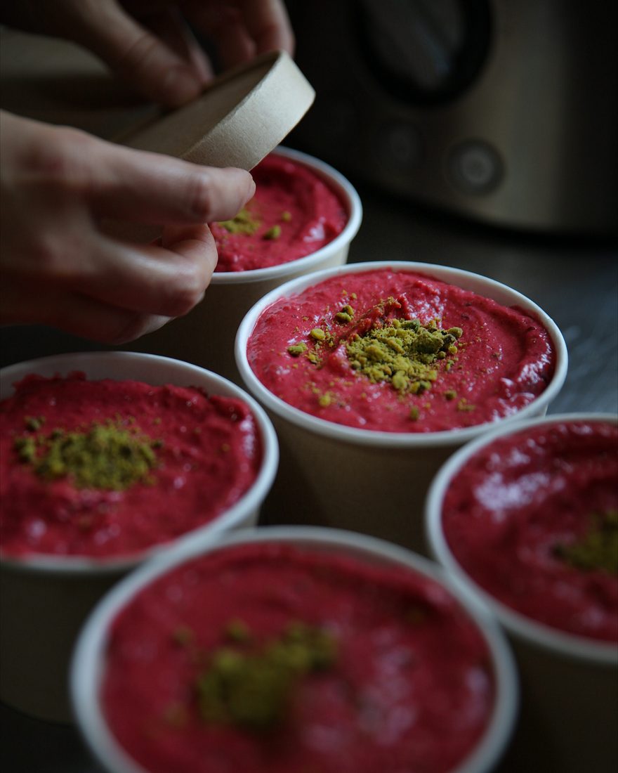 Pink smoothie cups with pistachio
