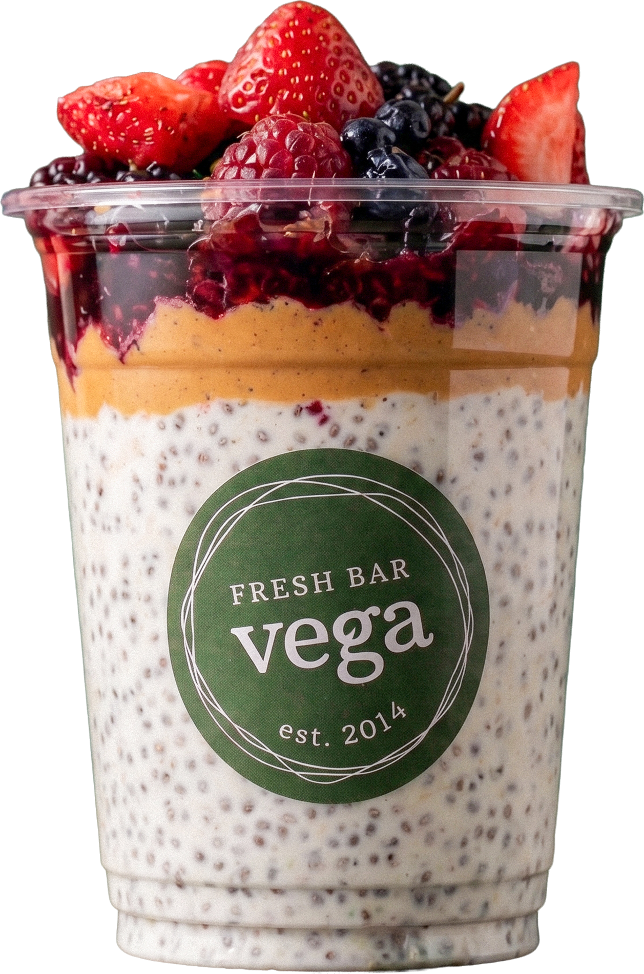 Full Vega chia cup topped with fresh berries
